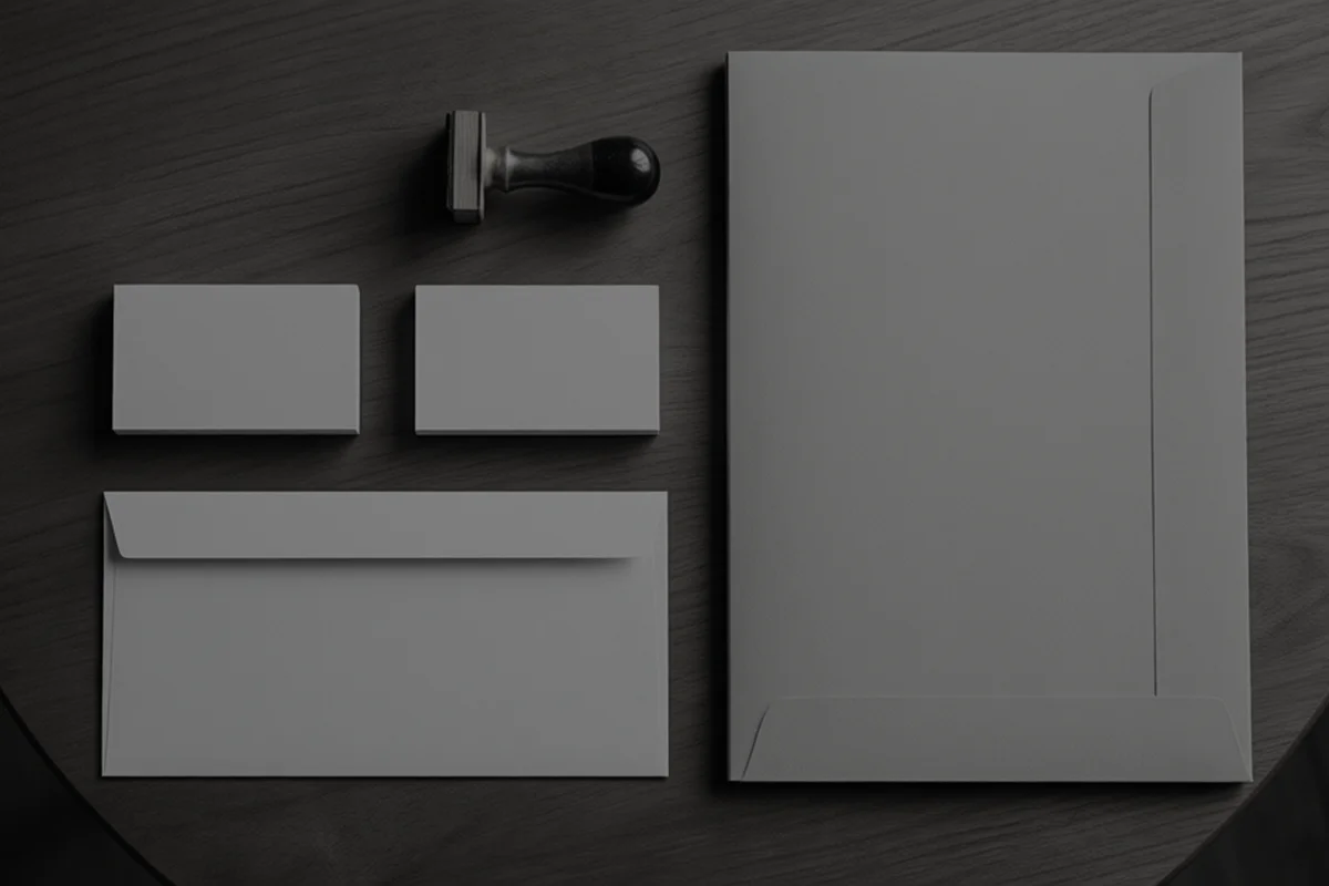 Mockup cenital de papelería corporativa en blanco sobre una mesa de madera: tarjetas de visita, un sobre, una carpeta y un sello de caucho