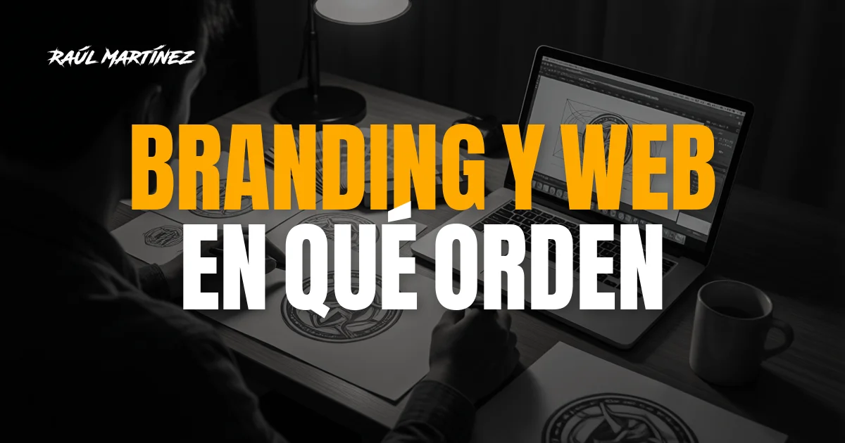 Branding y web: en qué orden hacerlos sin pagar dos veces 8 Escena de estudio con bocetos de marca, muestras de color y la maqueta de una web, con el titular Branding y web en qué orden