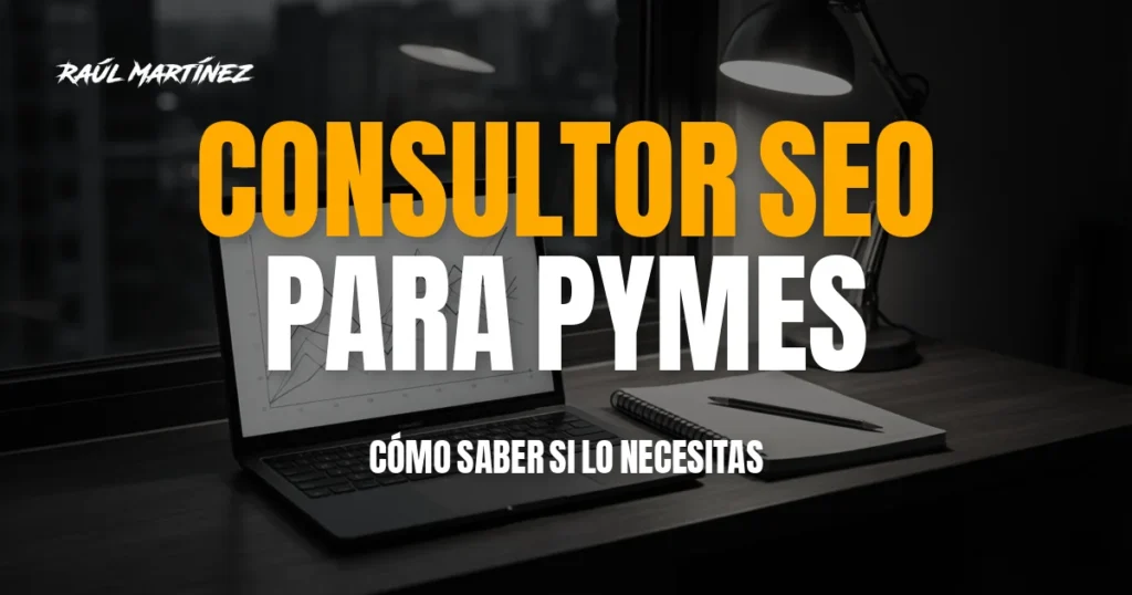 Mostrador de un pequeño negocio con un portátil abierto sobre el que se ve un gráfico abstracto, con el titular Consultor SEO para pymes