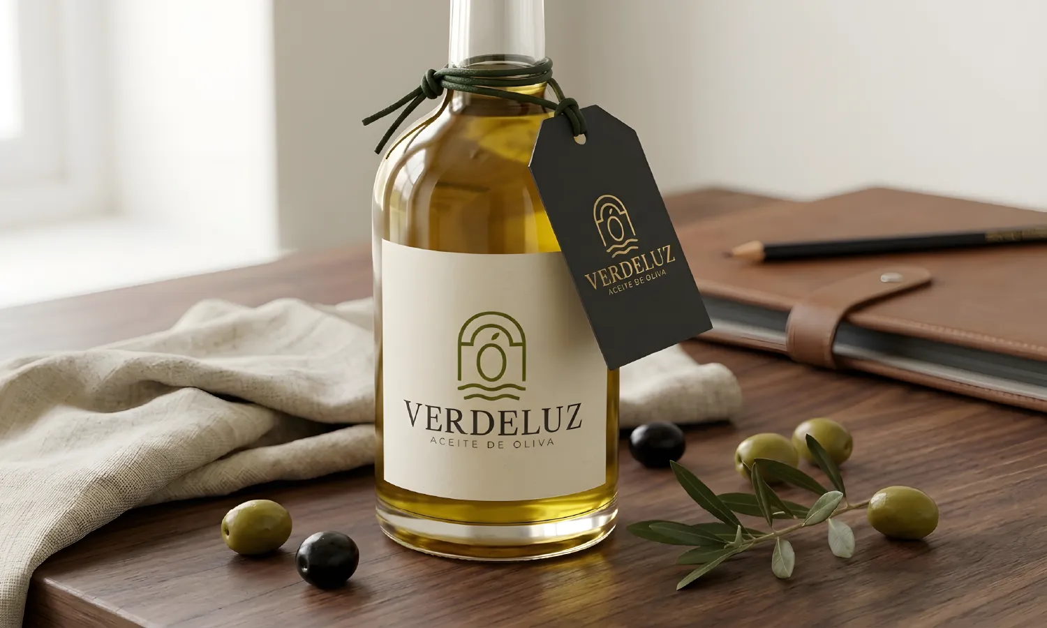 Verdeluz 6 Mockup de botella de aceite de oliva Verdeluz con el logotipo aplicado en la etiqueta