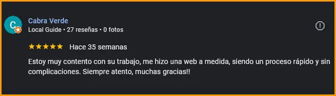 Reseña de 5 estrellas en Google de La Cabra Verde, grow shop de Úbeda, sobre el servicio de diseñador web freelance