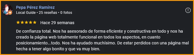 Reseña de 5 estrellas en Google de Pepa Pérez sobre el servicio de diseño web