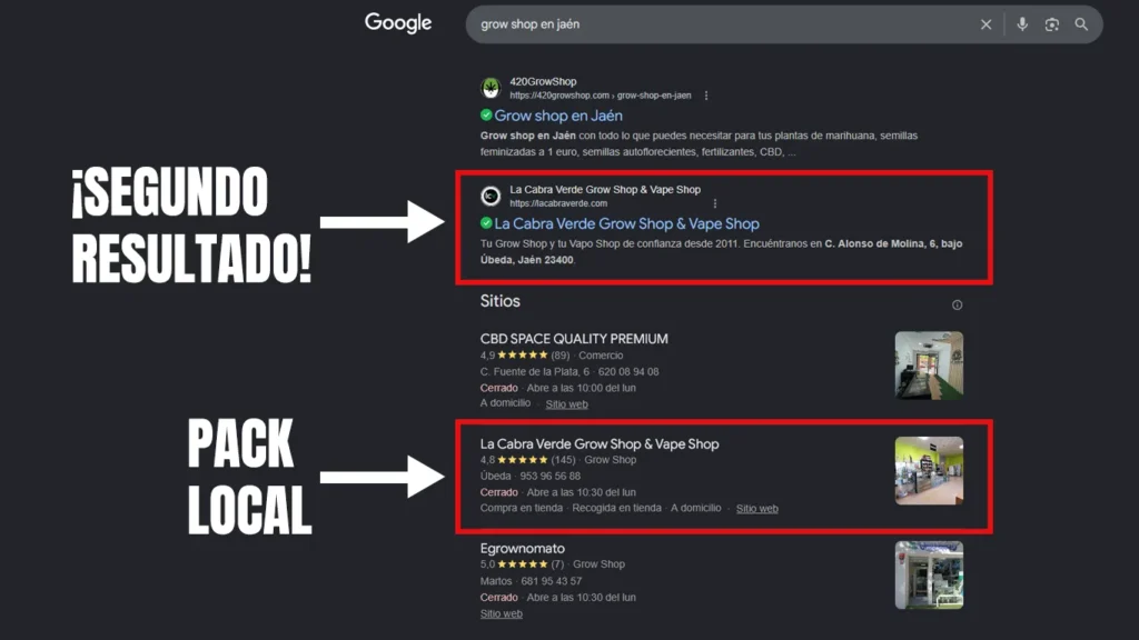 Captura de Google que muestra a La Cabra Verde en segunda posición orgánica para la búsqueda Grow Shop en Jaén.