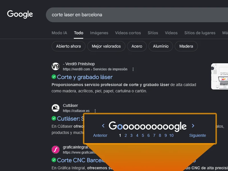 Captura de pantalla de Google mostrando a Verdi9 Printshop en primer resultado orgánico para la búsqueda "corte laser en Barcelona"