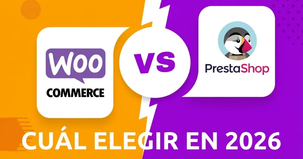 WooCommerce vs PrestaShop: cuál elegir en 2026, logotipos de ambas plataformas enfrentados con un rayo divisorio sobre fondo naranja y morado
